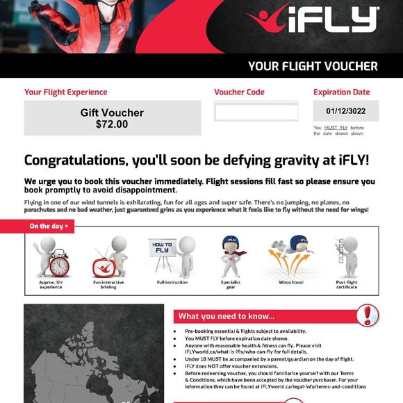 IFLY INDOOR PARACHUTING $72 VOUCHER FOR $50 OAKVILLE LOCATION GOOD FOR 1000 YEAR - Picture 1 of 1
